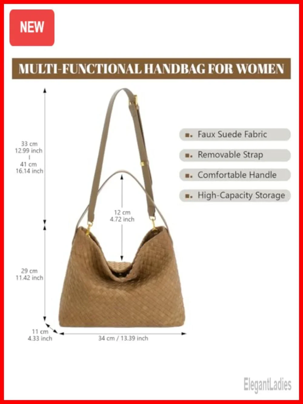 Woven Suede Hobo Bag - Slouchy Tote Shoulder Bag for Work Travel